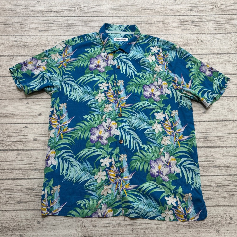 Tommy Bahama Shirt Men's Medium Blue Floral Silk Button Down Tropical Hawaiian